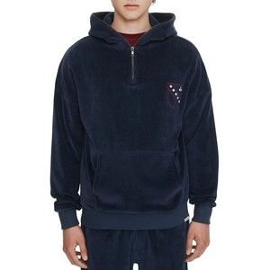 Eleven Paris Men's Cotton Quarter-Zip Velour Hoodie in Dress Navy-Size SMALL